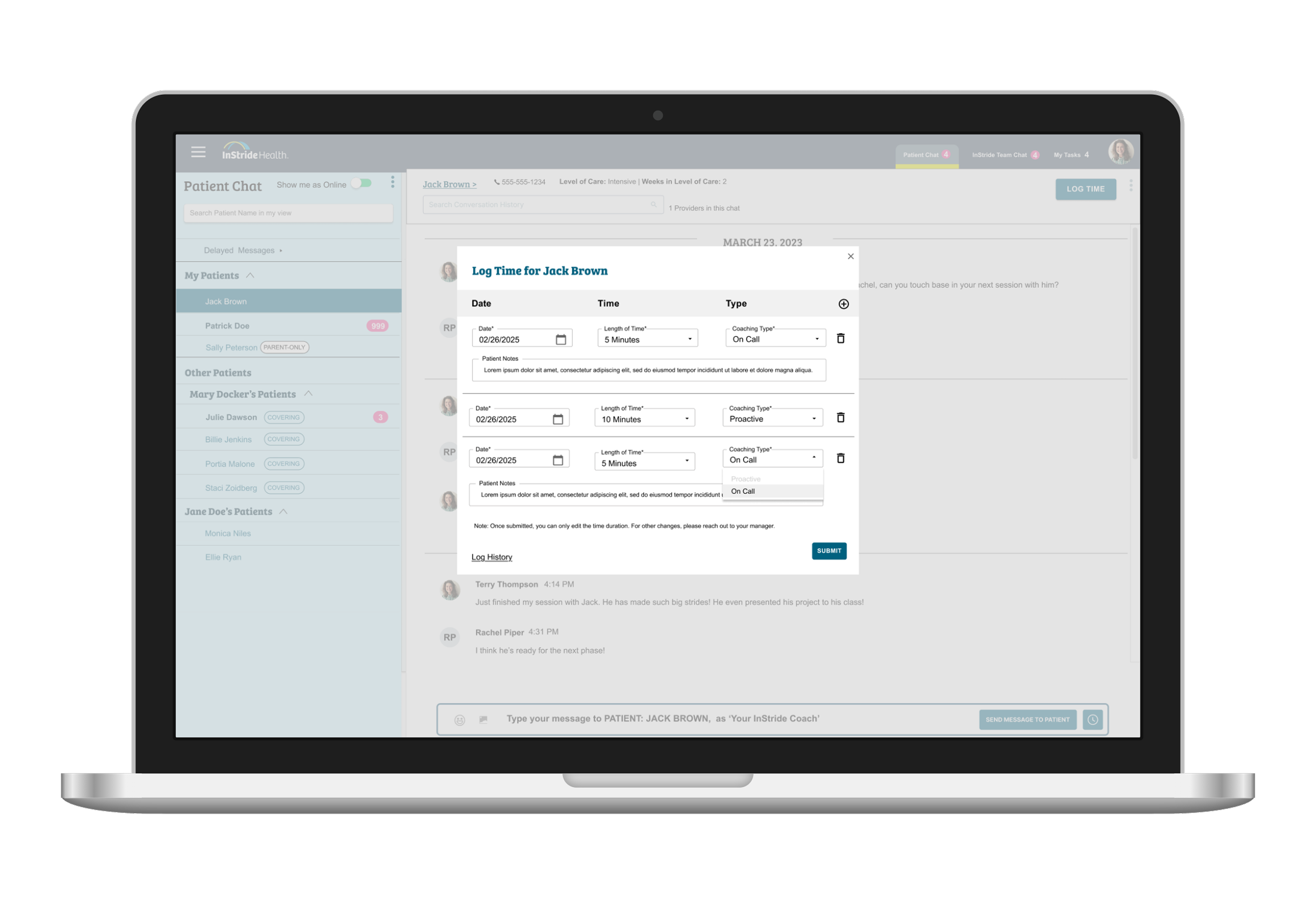 Coach time logging interface